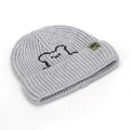 Detailed view of grey knitted beanie featuring black bear embroidery and green woven label - Gray