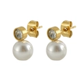 18k gold plated stainless steel stud earrings with round crystal and white pearl - Gold