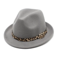 Detail of grey wool jazz hat featuring a leopard print band and golden buckle - M (56-58cm) / Light Gray