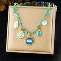 Collar bohemio de cuerda trenzada con colgantes de sol, luna, perla y concha en dorado - Estilo Trenzado Multielemento Turquesa Bohemio (N3748)