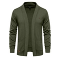 Dettaglio del cardigan in maglia verde oliva con tessuto strutturato e tasche a toppa - S / Verde Oliva