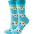 Detailed knit cotton sock featuring blue base with crown fairy and white star pattern - Blue Tooth Fairy