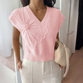 Pink V-neck short-sleeve knit sweater featuring a large 3D floral accent on the chest - S / Light Pink