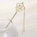 Detail of a vintage-style golden hair stick with a magnolia flower and silk tassels - Round Fan Small Peach Blossom AB Color