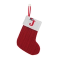 Red knit Christmas stocking with white cuff and embroidered letter J hanging ornament - Letter J