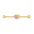 Gold industrial barbell with pink heart zircon and wings on white background - Gold Pink Heart Wing Industrial Barbell (IN24082308G)