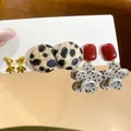 12-piece vintage pearl and geometric earring set featuring leopard and polka dot motifs - Leopard/Polka Dot Flower (10# Silver Earring Post)