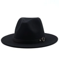Close-up of black wool felt fedora featuring a slim leather band and gold metal ring detail - M (56-58cm) / Black