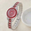 Orologio al quarzo da donna con quadrante rosso, cinturino argento e strass rossi - 5-550 Argento Rosso