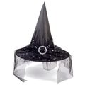 Black witch hat with starry tulle mesh decoration and round rhinestone buckle accent - Black Mesh Hat
