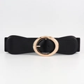 Elastic black waist belt for women with large oval gold metal buckle for dresses - Black 19458