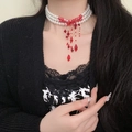 Three-layer pearl choker with red beaded tassels and teardrop pendant on black lace - Three-Layer Retro Gothic Red Bead Tassel Artificial Pearl Choker (X4806)