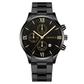 Detail view of black stainless steel quartz watch with gold roman numerals and calendar - Black Gold With 4 O'clock Calendar