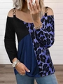 Detailed cold shoulder design with leopard print panels and golden metal rings on the sleeve - S / Tops / Blue