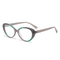 Chic cat-eye blue light blocking glasses in tea grey with geometric green patterns - Transparent Grey Green