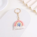 Handmade rainbow keychain with pink yellow and blue tassels on a gold metal ring - Light Pink