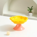 Floral ceramic elevated pet bowl with yellow petal top and pink base pedestal - Yellow/Pink