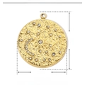 Detailed view of round celestial pendant with star and moon patterns and rhinestones - Celestial Pattern (Moon Sun Star) / Gold
