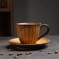 Retro Japanese brown ceramic coffee cup and saucer set with vertical ribbed textures - 260 Wood Mark Cup + Saucer (brown) 220ml / Universal