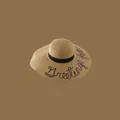 Khaki straw sun hat with black ribbon and Greetings from embroidery detail - Adjustable / Khaki-Sequin Letters