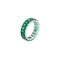 Elegant emerald-cut green gemstone eternity ring with silver polished metal band - Silver + Green Zirconia