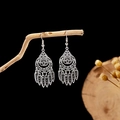 Bohemian silver drop earrings with hollow waterdrop design on natural wood branches - E2874-30/Teardrop Hollow Pendant