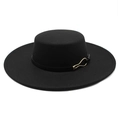 Classic vintage black wide brim wool fedora hat with elegant gold buckle strap - M (56-58cm) / Black (Black Belt)