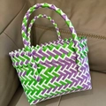 Handwoven basket bag in purple green and white weave with sturdy dual handles - Small (No Bow) / Green Purple