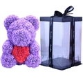 Purple rose teddy bear with a red heart in a transparent gift box with black ribbon - Flower Bear+40CM Gift Box+Light / Purple with Red Heart