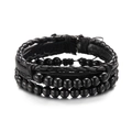Detail view of multi-layer black leather braid and frosted stone bead bracelets - 3-Piece Set/Woven Leather/Black Lava Stone Beads / Black