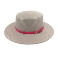 Detail of woven straw sun hat texture with vibrant fuchsia leather band and gold buckle - M(56-58cm) / Light Gray
