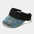 Detail showing colorful rhinestones on black canvas sun visor hat with elastic strap - Adjustable / Black