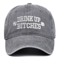 Macro shot of grey washed cotton baseball cap with white 3D clover embroidery - Adjustable / Gray