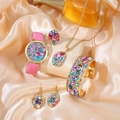 Set orologio 5 pezzi in pelle rosa con gioielli in pietre colorate su raso champagne - Stile Magenta