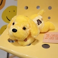 Lying yellow puppy plush toy with soft fur and electronic ON button feature - Yellow Embroidered Style