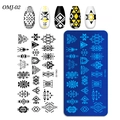 Macro detail of OMJ-02 nail stamping plate with tribal geometric patterns and nail art effects - Tribal Geometric Style (OMJ-02)