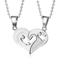 Silver heart pendant couple necklaces with I Love You engraving and rhinestones - Silver+Silver (With Ball Chain)