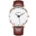 Men's minimalist watch with rose gold case, white dial, and brown leather strap - Leather Strap Brown Band Rose Gold Case White Dial