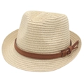 Classic straw fedora hat in natural beige with brown leather band and tassel detail - Beige