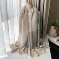 Plaid wool blend scarf in beige and grey color block pattern with soft fringe trim - Beige Khaki Patchwork