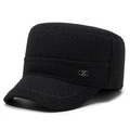 Gorra militar plana negra de lana con orejeras y tejido de espiga para hombre - Ajustable / Negro