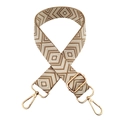 Close-up of geometric diamond pattern woven strap with gold metal hooks and buckle - Gold Clasp / Khaki