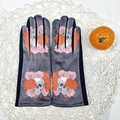 Gray touch screen gloves with skull and floral print on white woven mat with orange decor - Style 7 (Grey Skull Flower)