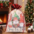 Christmas gnome drawstring gift bag with red plaid trim and Joy to the World print - Striped Hat Gnome