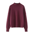 Detailed view of the ribbed knit neckline and soft burgundy fabric on a casual sweater - S / Burgundy