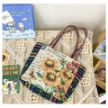 Borsa tote in tela vintage con ricamo girasole e tracolla geometrica colorata - Girasole