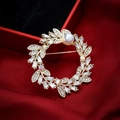 Elegant gold wreath brooch with clear crystals and white pearl on red velvet - Style 39-4 Round Leaf (5*4.5cm/14.6g)
