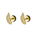 Close-up of golden feather earrings with intricate metallic textures on white background - Gold