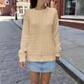 Women's beige cable-knit sweater with crew neck for casual autumn vacation wear - S / Khaki