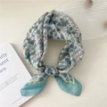 Blue and green floral cotton linen square scarf tied in a stylish knot - 58*58cm / 5 Stripe Base-Small White Flower Green